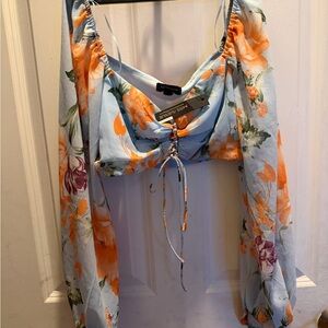 Miss Avenue Blue Floral Ruched Long Sleeve Crop Top new with tags size small
